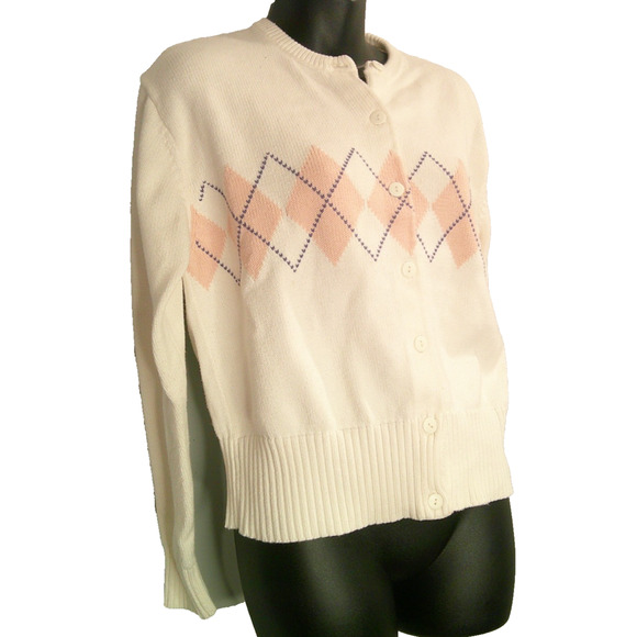 Ann Taylor Vintage Women's Large White Button-down Sweater Cardigan with Argyle - Picture 3 of 7